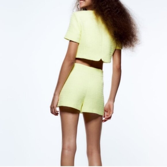 Zara Two Piece Pastel Yellow Textured Cropped  Jacket & Skort Set Size Lg - Picture 9 of 10